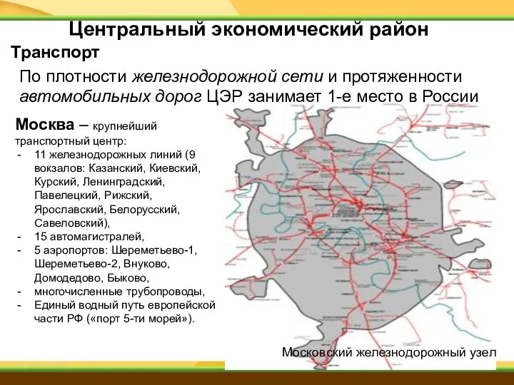 Центральный экономический район Транспорт По плотности железнодорожной сети и протяженности автомобильных