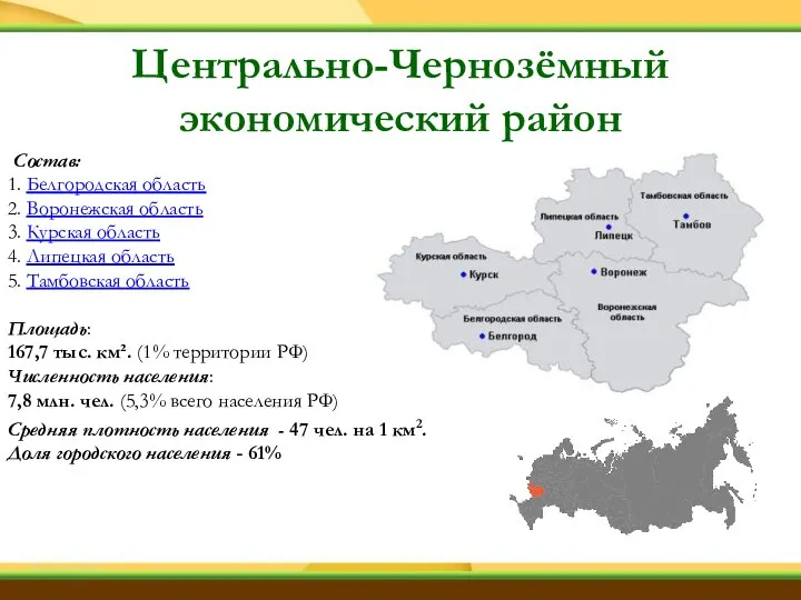 Состав: 1. Белгородская область 2. Воронежская область 3. Курская область 4.