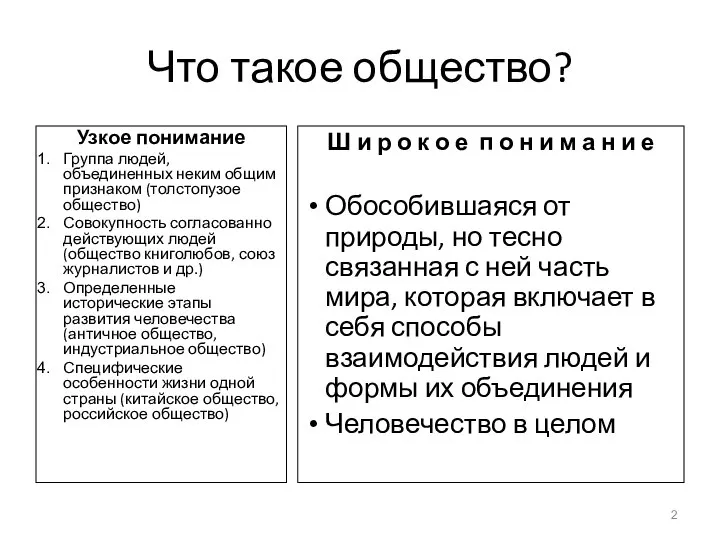 Что такое общество? Узкое понимание Группа людей, объединенных неким общим признаком