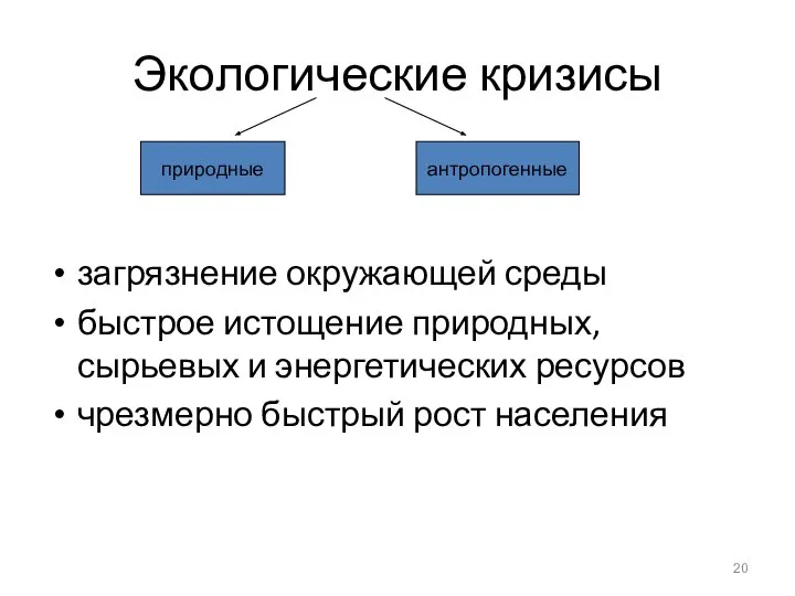 Экологические кризисы загрязнение окружающей среды быстрое истощение природных, сырьевых и энергетических