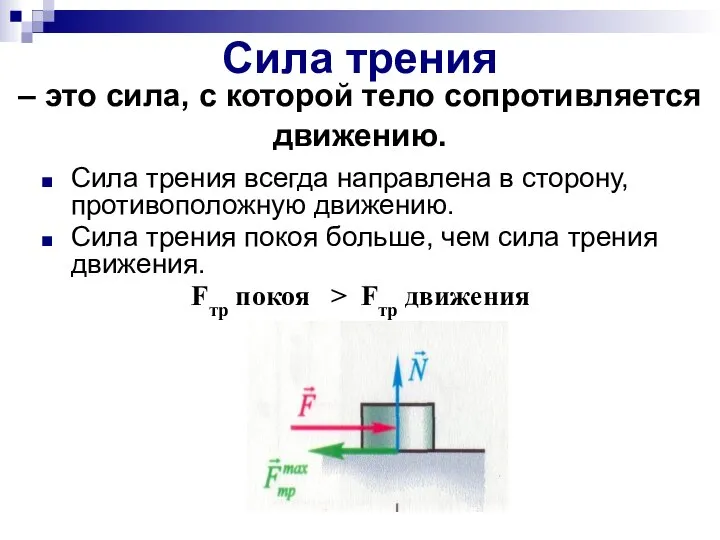 Сила трения – это сила, с которой тело сопротивляется движению. Сила