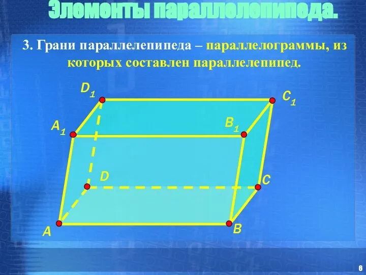 3. Грани параллелепипеда – параллелограммы, из которых составлен параллелепипед. Элементы параллелепипеда.