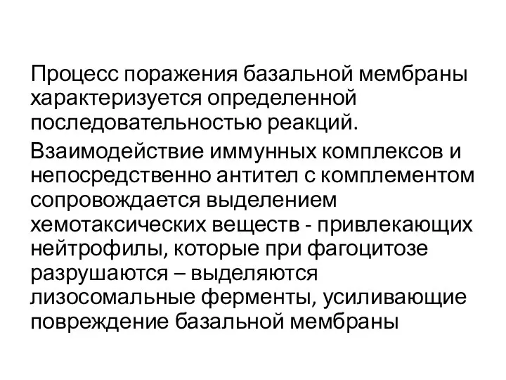 Процесс поражения базальной мембраны характеризуется определенной последовательностью реакций. Взаимодействие иммунных комплексов