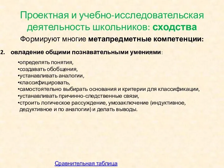 Проектная и учебно-исследовательская деятельность школьников: сходства Формируют многие метапредметные компетенции: овладение