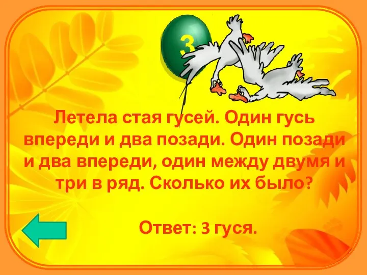 Летела стая гусей. Один гусь впереди и два позади. Один позади