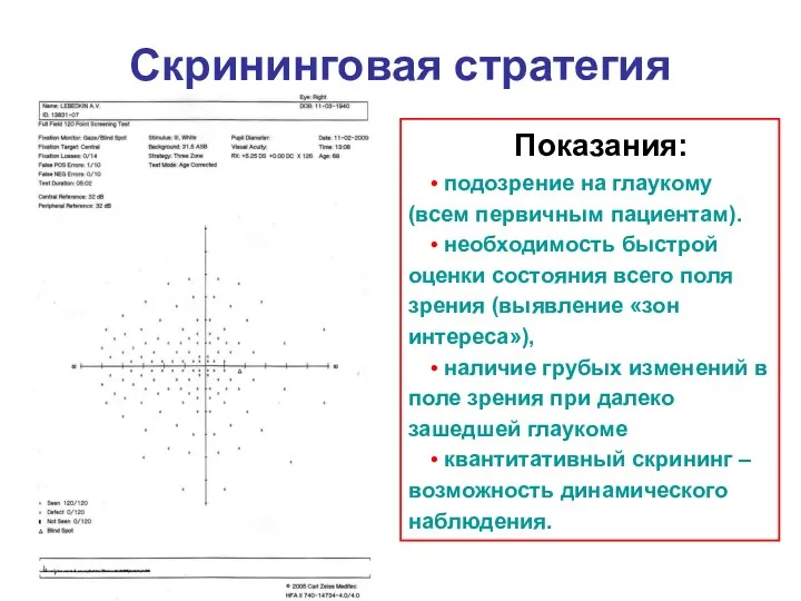 Скрининговая стратегия Показания: • подозрение на глаукому (всем первичным пациентам). •