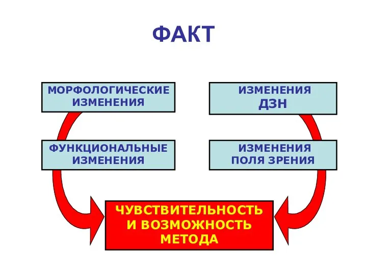 ФАКТ МОРФОЛОГИЧЕСКИЕ ИЗМЕНЕНИЯ ИЗМЕНЕНИЯ ДЗН ИЗМЕНЕНИЯ ПОЛЯ ЗРЕНИЯ ФУНКЦИОНАЛЬНЫЕ ИЗМЕНЕНИЯ ЧУВСТВИТЕЛЬНОСТЬ И ВОЗМОЖНОСТЬ МЕТОДА