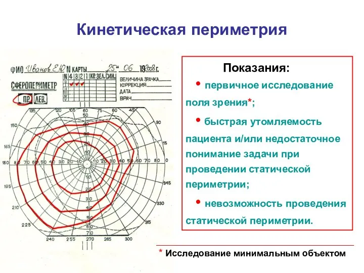 Кинетическая периметрия Показания: • первичное исследование поля зрения*; • быстрая утомляемость