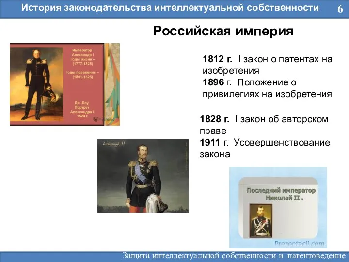 6 История законодательства интеллектуальной собственности Российская империя 1812 г. I закон