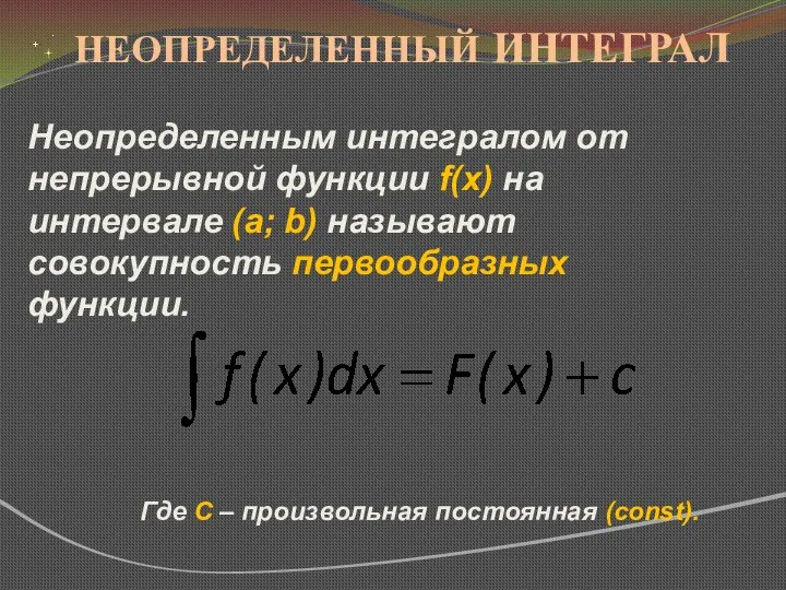 НЕОПРЕДЕЛЕННЫЙ ИНТЕГРАЛ Неопределенным интегралом от непрерывной функции f(x) на интервале (a;