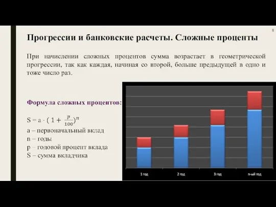 Прогрессии и банковские расчеты. Сложные проценты При начислении сложных процентов сумма