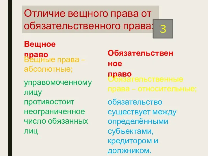 Отличие вещного права от обязательственного права: 3 Вещное право Обязательственное право