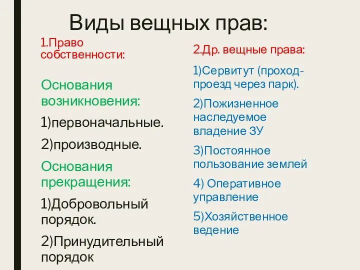 Виды вещных прав: 1.Право собственности: Основания возникновения: 1)первоначальные. 2)производные. Основания прекращения: