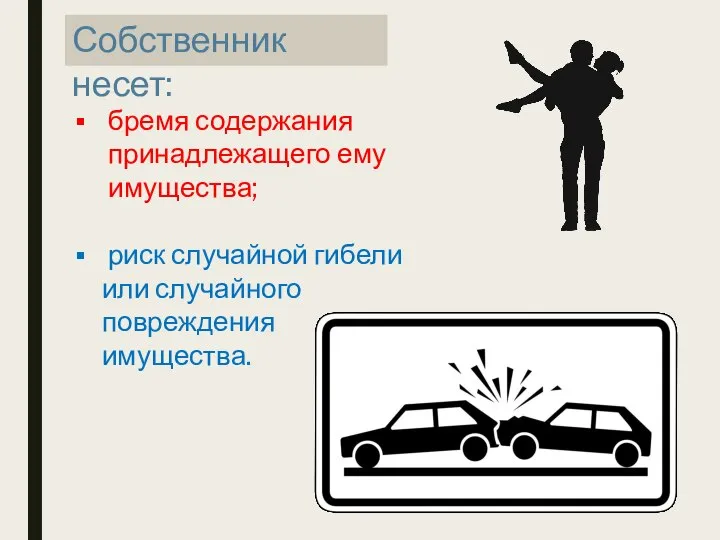 Собственник несет: бремя содержания принадлежащего ему имущества; риск случайной гибели или случайного повреждения имущества.