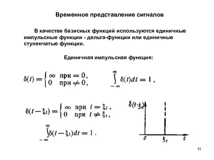 Временное представление сигналов В качестве базисных функций используются единичные импульсные функции