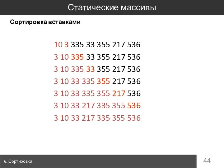 Сортировка вставками 10 3 335 33 355 217 536 3 10