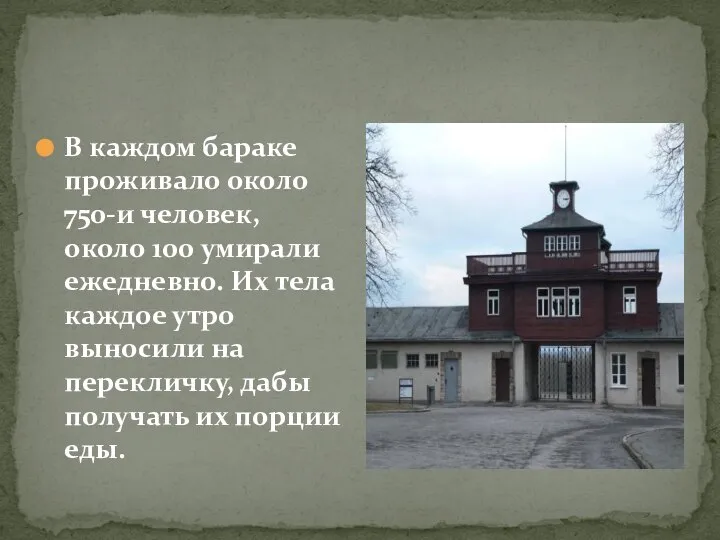 В каждом бараке проживало около 750-и человек, около 100 умирали ежедневно.