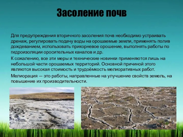 Засоление почв Для предупреждения вторичного засоления почв необходимо устраивать дренаж, регулировать