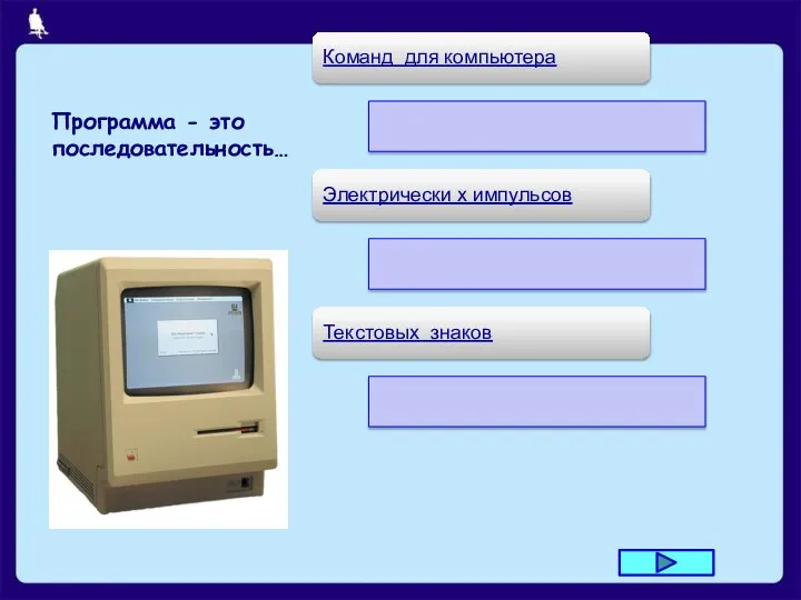 Программа - это последовательность… Команд для компьютера Электрически х импульсов Текстовых знаков