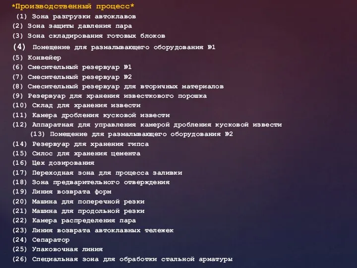 *Производственный процесс* (1) Зона разгрузки автоклавов (2) Зона защиты давления пара