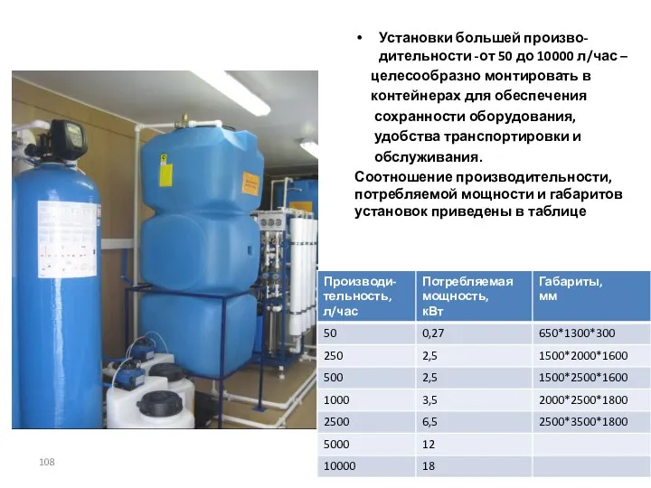 Установки большей произво-дительности -от 50 до 10000 л/час – целесообразно монтировать