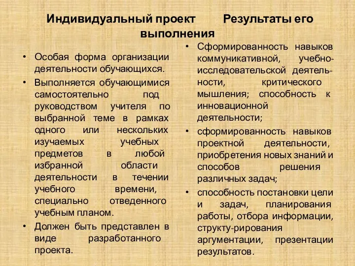 Индивидуальный проект Результаты его выполнения Особая форма организации деятельности обучающихся. Выполняется