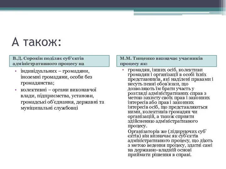 А також: В.Д. Сорокін поділяє суб’єктів адміністративного процесу на М.М. Тищенко