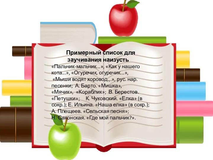 Примерный список для заучивания наизусть «Пальчик-мальчик...», «Как у нашего кота...», «Огуречик,