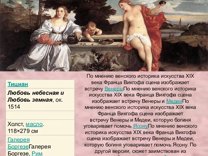 По мнению венского историка искусства XIX века Франца Викгофа сцена изображает