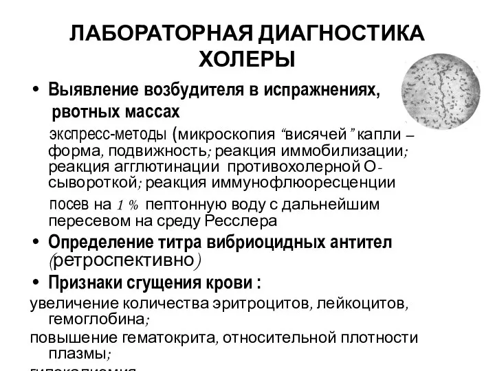 ЛАБОРАТОРНАЯ ДИАГНОСТИКА ХОЛЕРЫ Выявление возбудителя в испражнениях, рвотных массах экспресс-методы (микроскопия