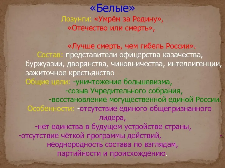 «Белые» Лозунги: «Умрём за Родину», «Отечество или смерть», «Лучше смерть, чем