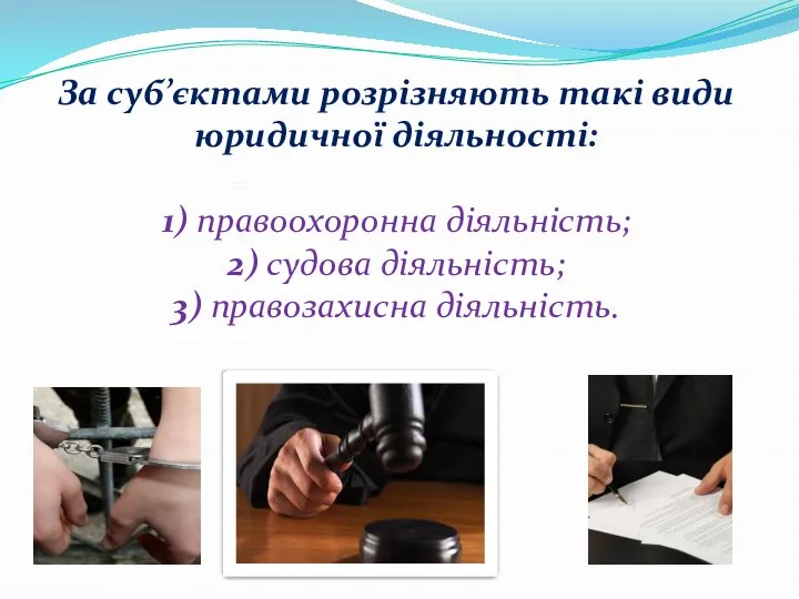 За суб’єктами розрізняють такі види юридичної діяльності: 1) правоохоронна діяльність; 2) судова діяльність; 3) правозахисна діяльність.