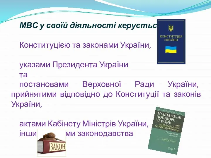 МВС у своїй діяльності керується Конституцією та законами України, указами Президента