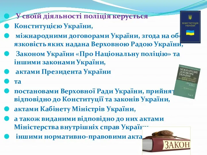 У своїй діяльності поліція керується Конституцією України, міжнародними договорами України, згода