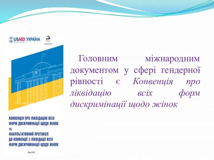 Головним міжнародним документом у сфері гендерної рівності є Конвенція про ліквідацію всіх форм дискримінації щодо жінок