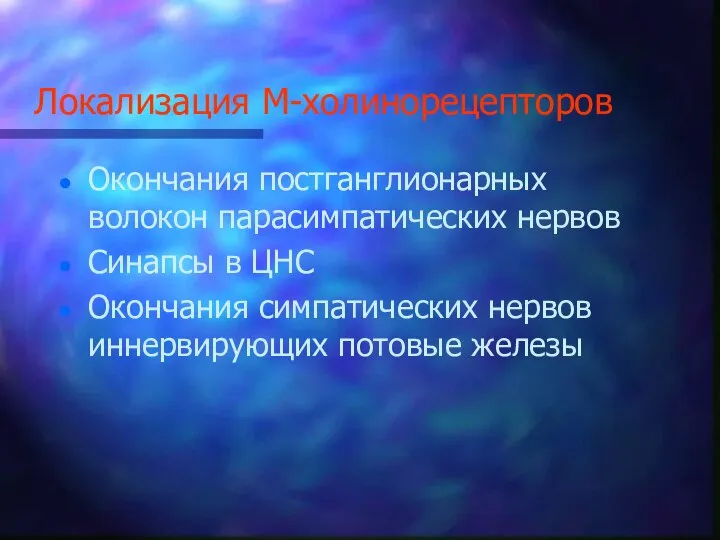 Локализация М-холинорецепторов Окончания постганглионарных волокон парасимпатических нервов Синапсы в ЦНС Окончания симпатических нервов иннервирующих потовые железы