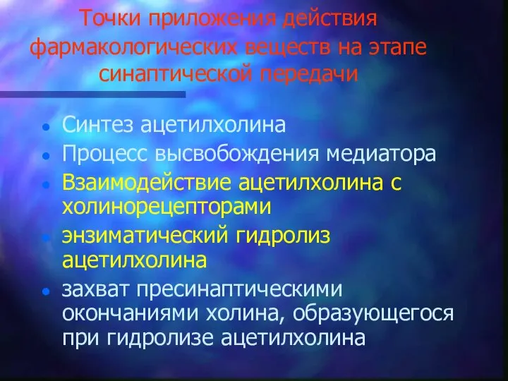 Точки приложения действия фармакологических веществ на этапе синаптической передачи Синтез ацетилхолина