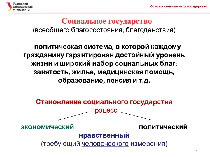 Основы социального государства Социальное государство (всеобщего благосостояния, благоденствия) – политическая система,