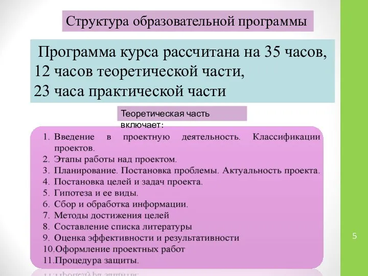 Структура образовательной программы Программа курса рассчитана на 35 часов, 12 часов