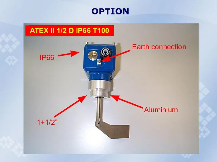 OPTION ATEX II 1/2 D IP66 T100 1+1/2” IP66 Earth connection Aluminium