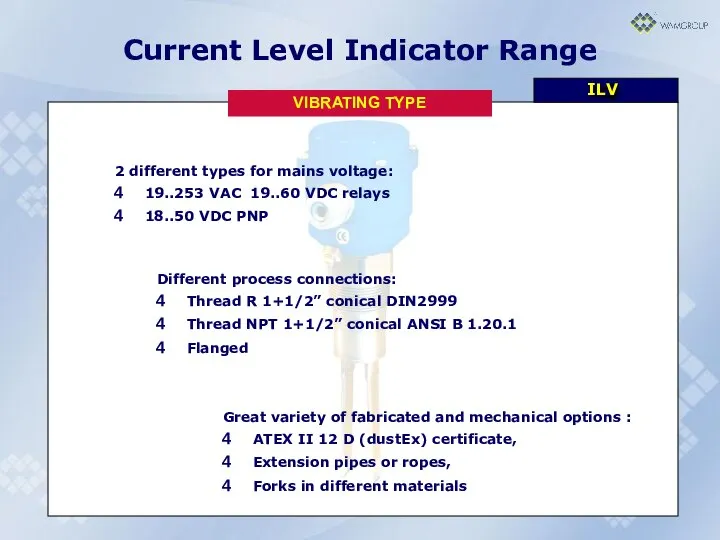 Current Level Indicator Range ILV 2 different types for mains voltage: