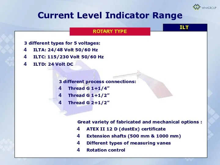 Current Level Indicator Range ILT 3 different types for 5 voltages: