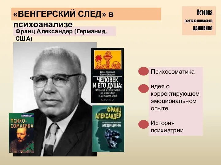 Франц Александер (Германия, США) Психосоматика идея о корректирующем эмоциональном опыте История психиатрии «ВЕНГЕРСКИЙ СЛЕД» в психоанализе