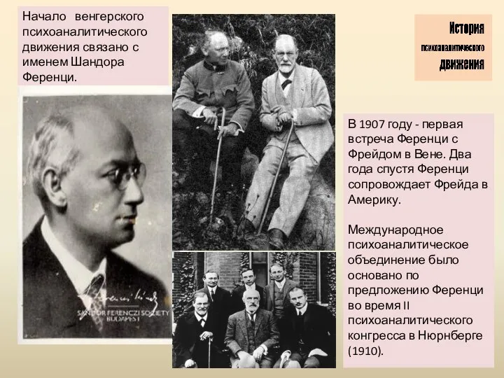 Начало венгерского психоаналитического движения связано с именем Шандора Ференци. В 1907