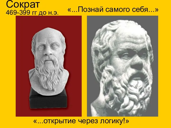 Сократ 469-399 гг до н.э. «...открытие через логику!» «...Познай самого себя...»