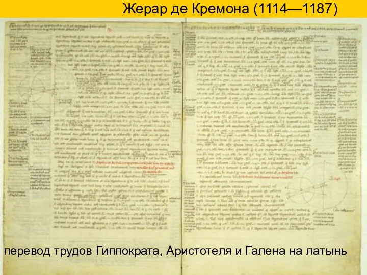 Жерар де Кремона (1114—1187) перевод трудов Гиппократа, Аристотеля и Галена на латынь