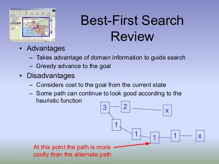 Best-First Search Review Advantages Takes advantage of domain information to guide