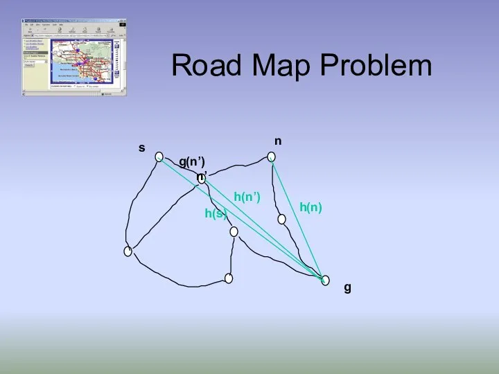 Road Map Problem s g h(s) n h(n) n’ h(n’) g(n’)