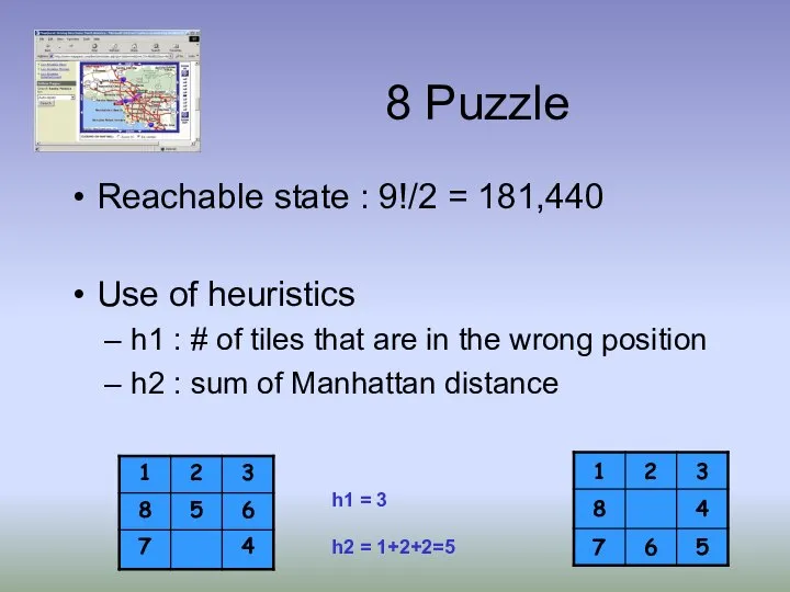 8 Puzzle Reachable state : 9!/2 = 181,440 Use of heuristics