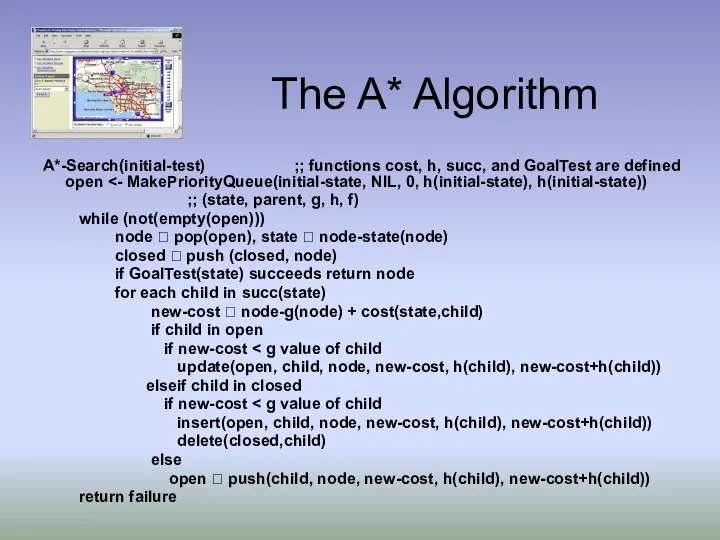 The A* Algorithm A*-Search(initial-test) ;; functions cost, h, succ, and GoalTest